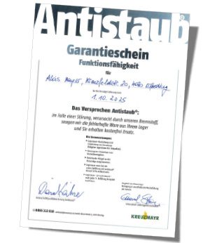 Das Versprechen Antistaub®, Garantieschein auf die Funktionsfähigkeit des Holzpellets Brennstoffes